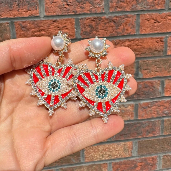 Anthropologie Red Evil Eye Protection Heart Crystal Earrings - Picture 5 of 12